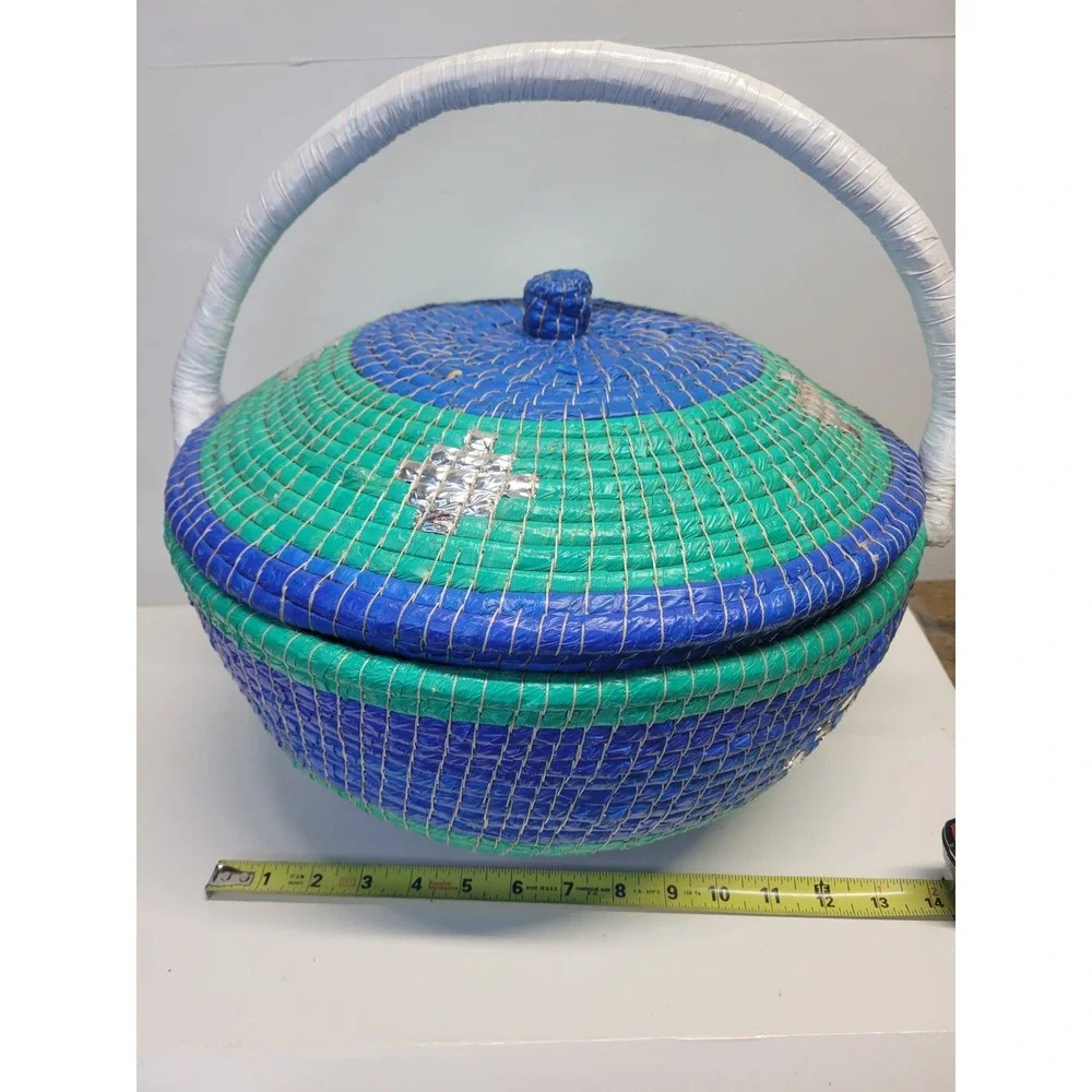 Hand Woven Round Basket with Lid and Handle Blue Green Decorative Storage Accent